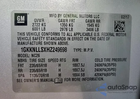 2017 GMC Acadia Sle из США, поврежденный, VIN 1GKKNLLSXHZ249698